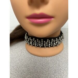 Vintage Woman's Black Velvet Choker  Silver Beaded,‎ 90s Retro Gothic Goth
